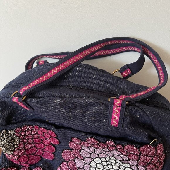 America & Beyond Embellished Floral Beaded Travel Bag Blue Pink - Picture 3 of 8
